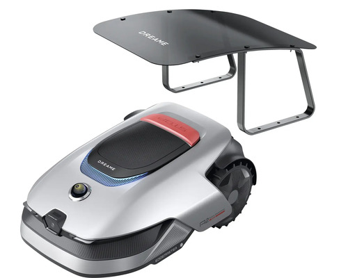 Mähroboter Dreame mit passender Garage, silbernes Gehäuse, schwarzes Dach, Wetterschutz.