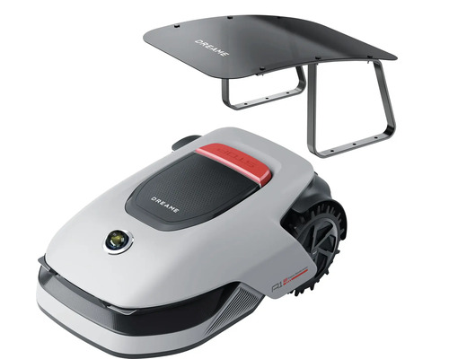 Dreame A1 Mähroboter mit passender Garagenüberdachung, graues Gehäuse mit großen Rädern und roter Stopp Taste