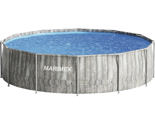 Aufstellpool Framepool Marimex rund 366 x 99 cm grau inkl. Skimmer Marimex runder Rahmenpool in grauer Holzoptik mit blauem Wasser.
