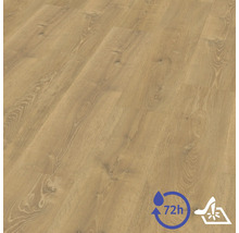 Laminatboden in Eichenoptik mit Maserung und Astlöchern. Wasserresistent bis zu 72 Stunden und kratzfeste Oberfläche.