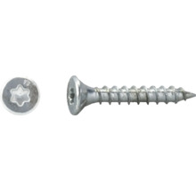 Metallschraube mit Senkkopf und Torx-Antrieb, Seitenansicht und Draufsicht auf den Schraubenkopf.