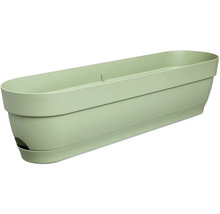 Rechteckiger hellgrüner Balkonkasten aus Kunststoff mit Untersetzer und Gießöffnung.