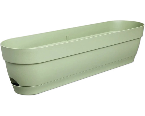 Rechteckiger hellgrüner Balkonkasten aus Kunststoff mit Untersetzer und Gießöffnung.