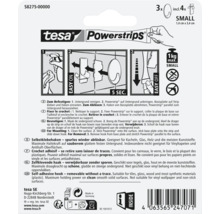 Rückseite der tesa Powerstrips Klebehaken Small Verpackung mit bebilderter Montageanleitung, Entfernungsanleitung und technischen Produktdaten.