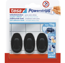 tesa Logo, Powerstrips Haken Small, oval, schwarz, 3 Stück, 4 Klebestreifen, Tragkraft maximal 1 Kilogramm, ohne Bohren, rückstandslos ablösbar.