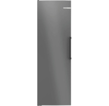 Grauer Bosch Stand-Gefrierschrank oder Kühlschrank, eintürig mit vertikalem Stangengriff. Bosch Logo.