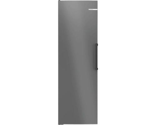 Grauer Bosch Stand-Gefrierschrank oder Kühlschrank, eintürig mit vertikalem Stangengriff. Bosch Logo.