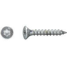 Metallschraube mit Senkkopf und Sternantrieb, Seitenansicht und Draufsicht auf den Schraubenkopf.