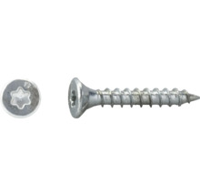 Schraube mit Senkkopf und Torx-Antrieb, Draufsicht auf den Kopf und Seitenansicht.
