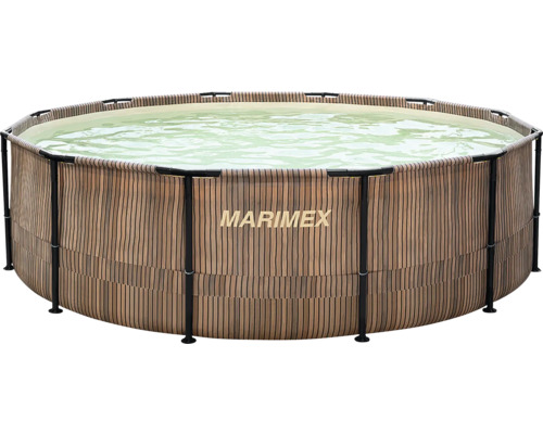 Aufstellpool Framepool Marimex rund 366 x 99 cm braun inkl. Skimmer Marimex Rundpool mit schwarzem Metallrahmen und Außenwand in Holzoptik.