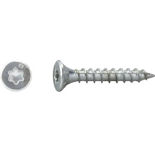 Holzschraube aus Metall mit Senkkopf und Torx-Antrieb, Seitenansicht und Draufsicht auf den Kopf.