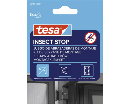 Tesa Logo, Insect Stop Montageklemmen-Set, drei Stück, einfache Montage ohne Bohren durch Klemmen, passend für alle Tesa Türen.