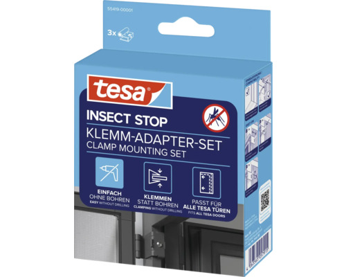 tesa Insect Stop Klemm-Adapter-Set für Insektenschutz-Türen, Montage ohne Bohren durch Klemmen, passend für alle tesa Türen, 3er-Set.