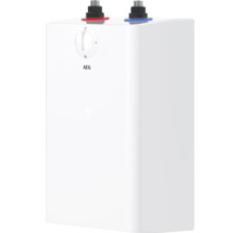 AEG Kleinspeicher zur Untertischmontage mit stufenlosem Temperaturregler und Wasseranschlüssen an der Oberseite.
