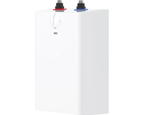AEG Kleinspeicher zur Untertischmontage mit stufenlosem Temperaturregler und Wasseranschlüssen an der Oberseite.