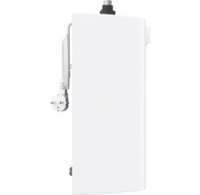 Kompakter elektrischer Durchlauferhitzer in Weiß mit Stromkabel und Stecker.