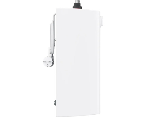 Kompakter elektrischer Durchlauferhitzer in Weiß mit Stromkabel und Stecker.