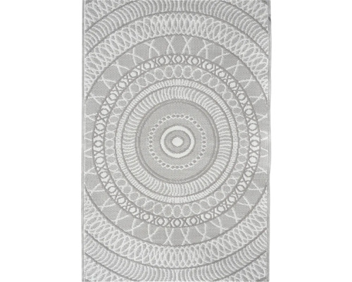Outdoor-Teppich mit kreisförmigem Mandala-Muster und gewebter Struktur.