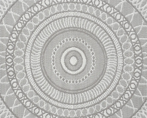 Rundteppich mit kreisförmigem Mandala-Muster und gewebter Oberflächenstruktur.