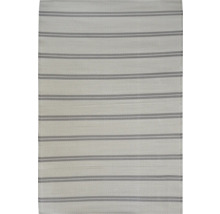 Grauer flachgewebter Teppich mit horizontalem Streifenmuster.