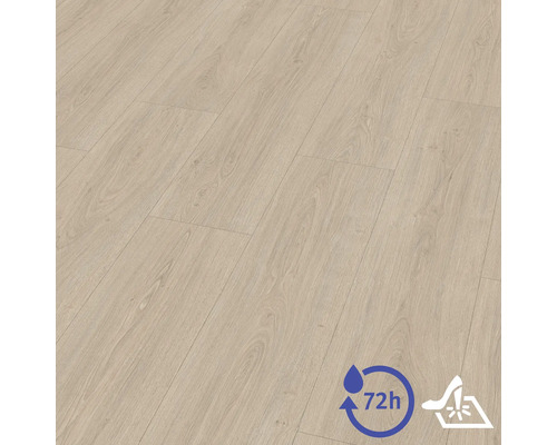 Laminatboden in Eiche-Optik mit realistischer Maserung, 72 Stunden wasserresistent, kratzfeste Oberfläche.