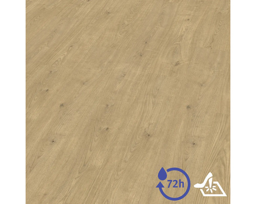 Laminatboden in Holzoptik mit Maserung und Astlöchern. Symbole für 72 Stunden Wasserresistenz und Stoßfestigkeit.