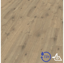 Laminatboden mit Eichenstruktur und Astlöchern, 72 Stunden Wasserresistenz und widerstandsfähig gegen hohe Punktbelastung.