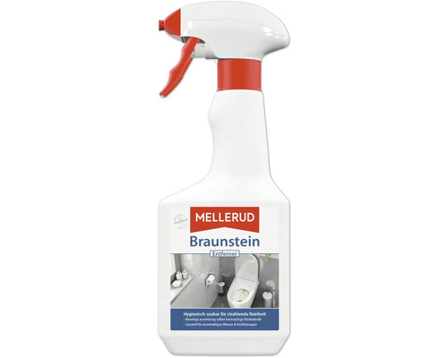 Weiße Sprühflasche Mellerud Braunstein Entferner mit rotem Sprühkopf zur Reinigung von Bad und WC.