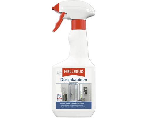 Mellerud Duschkabinen Reiniger in der Sprühflasche zur Entfernung von Kalk und Seifenresten mit Abperleffekt.