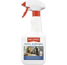 Mellerud Kamin- und Ofenglas Reiniger in einer weißen Sprühflasche aus Rezyklat zur Reinigung von Ruß auf Kaminscheiben.