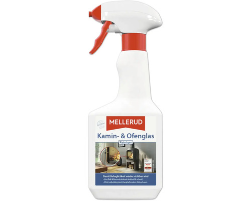 Mellerud Kamin- und Ofenglas Reiniger in einer weißen Sprühflasche aus Rezyklat zur Reinigung von Ruß auf Kaminscheiben.