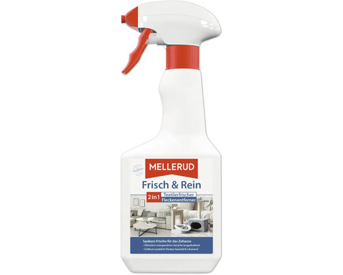 Mellerud Frisch und Rein 2 in 1 Textilerfrischer und Fleckenentferner in der Sprühflasche für die Reinigung von Polstern und Textilien.