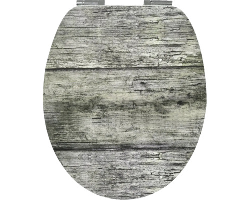 WC-Sitz aus MDF mit rustikalem Holz-Dekor und Metallscharnieren.