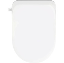 Weißer Toilettendeckel in D-Form aus Kunststoff für Standardtoiletten.