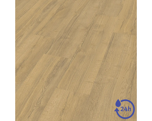 Laminatboden mit Holzstruktur und 24 Stunden Wasserresistenz.