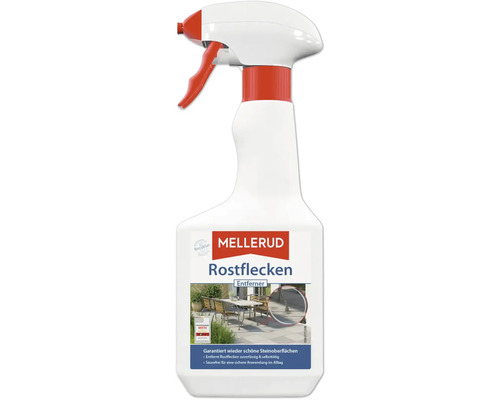 Mellerud Rostflecken Entferner in der Sprühflasche für Steinoberflächen.
