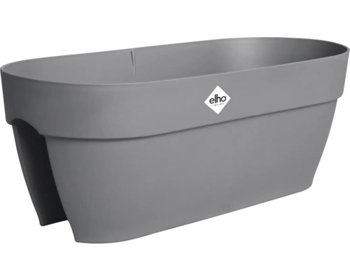 Elho Balkonkasten aus Kunststoff in Grau mit Aussparung für das Geländer.