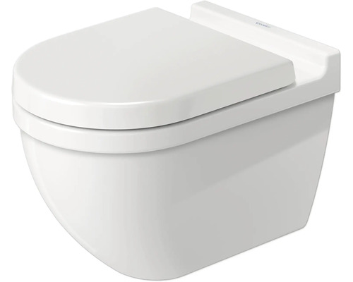 Wandhängendes WC aus weißer Keramik mit passendem Toilettendeckel.