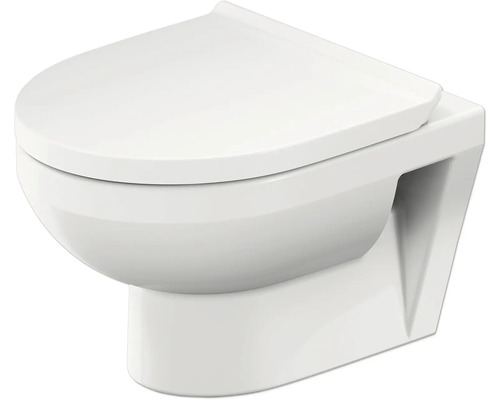 Wandhängendes WC aus weißer Keramik mit passendem Toilettendeckel.