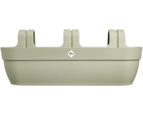 Balkonkasten aus Kunststoff mit integrierter Halterung für Geländer und elho Logo.