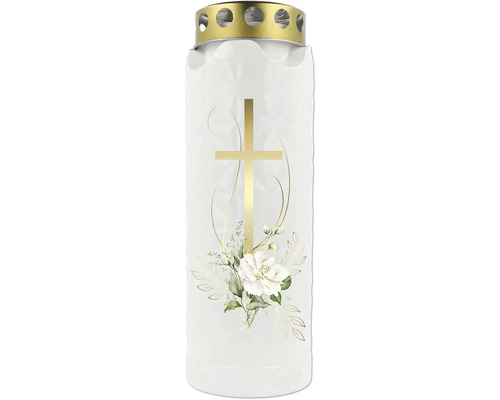 Weißes Grablicht mit goldfarbenem Deckel, verziert mit einem Kreuz, einer weißen Rose und goldenen Blumenornamenten.