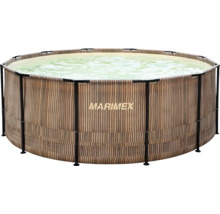 Marimex Aufstellpool in Holzoptik mit schwarzem Metallrahmen, gefüllt mit Wasser.