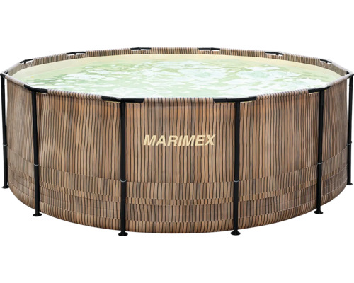 Aufstellpool Framepool Marimex 366 x 366 x 122 cm holz inkl. Skimmer Marimex Aufstellpool in Holzoptik mit schwarzem Metallrahmen, gefüllt mit Wasser.