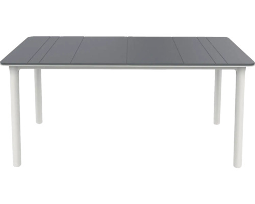 Rechteckiger Gartentisch mit dunkelgrauer Lamellenplatte und hellgrauen Beinen.
