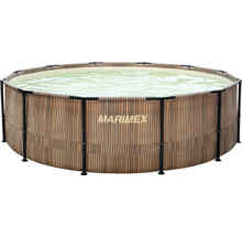 Marimex Rundpool mit Rahmen und Außenwand in Holzoptik, gefüllt mit Wasser.
