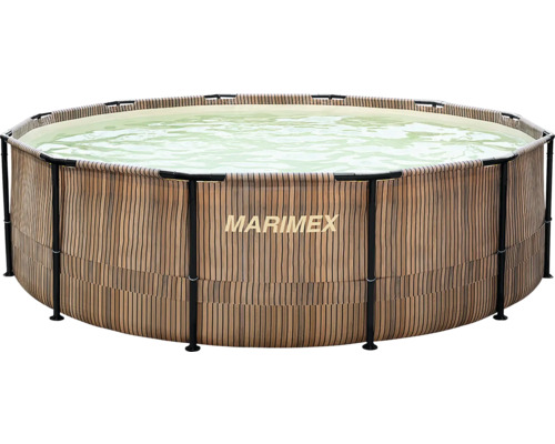 Marimex Rundpool mit Rahmen und Außenwand in Holzoptik, gefüllt mit Wasser.