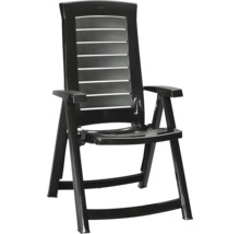 Schwarzer Garten-Klappsessel aus Kunststoff mit hoher Rückenlehne und Armlehnen.