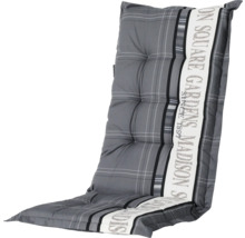 Madison Hochlehner Gartenstuhlauflage in Grau mit Karomuster, weißem vertikalem Textstreifen und Steppungen.