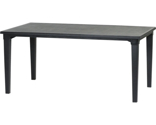 Rechteckiger Gartentisch aus Kunststoff in Anthrazit mit vier Beinen.