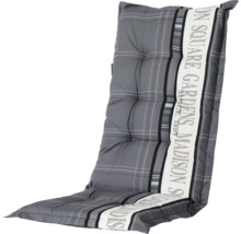 Madison Hochlehner-Gartenstuhlauflage, grau mit Karomuster und dekorativem Textstreifen.